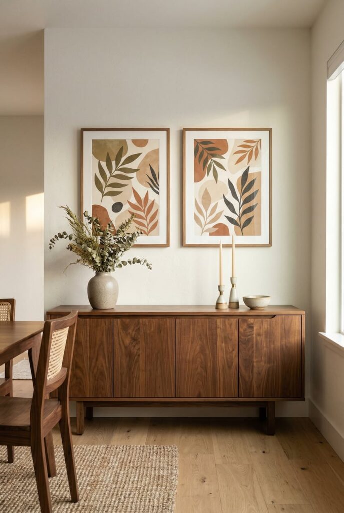 Two vertical 18x24 inch art prints hung side by side above walnut credenza
Measure the total width and height of your planned gallery wall arrangement, then apply the 2/3 rule to that total footprint.