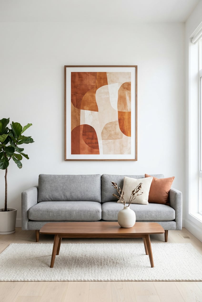 Large abstract art print hung above grey sofa demonstrating proper art sizing proportions