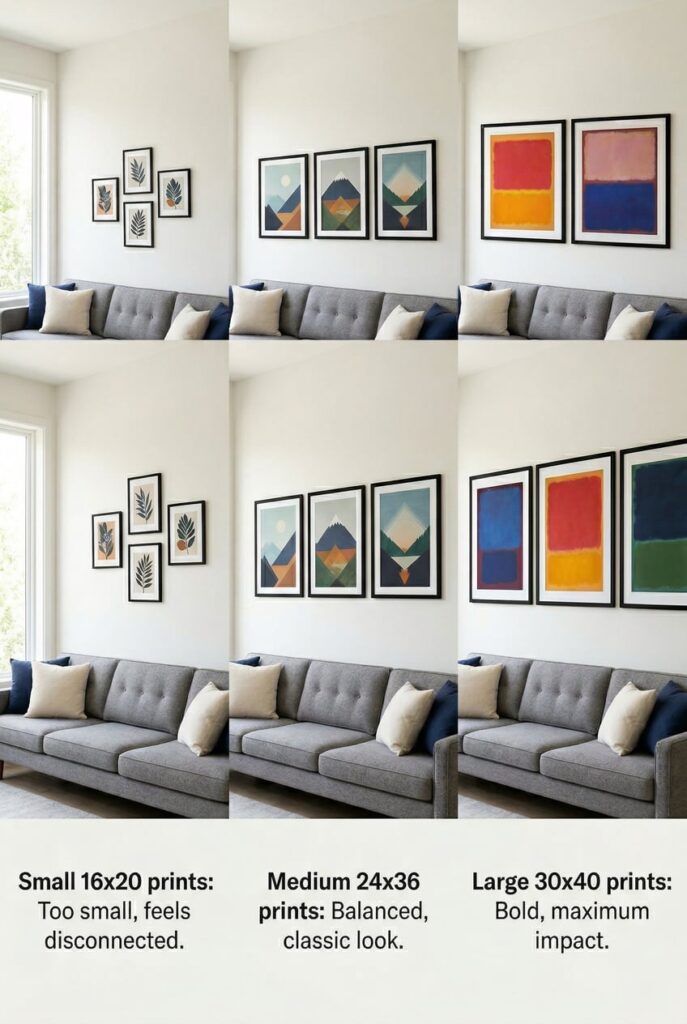 Comparison of different art print sizes above sofa showing proper proportions
