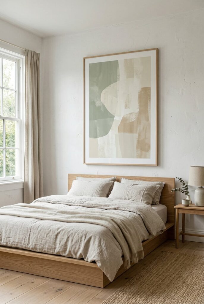 Large 40x60 inch abstract art print above bed creating dramatic focal point in minimalist bedroom