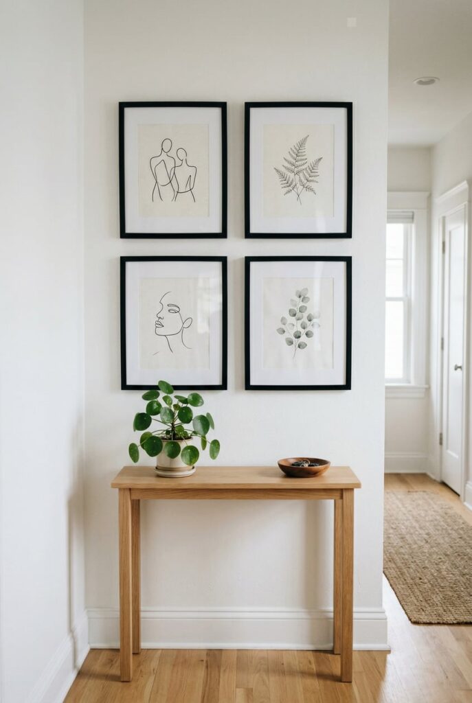 our 16x20 inch art prints in black frames arranged in grid on hallway wall