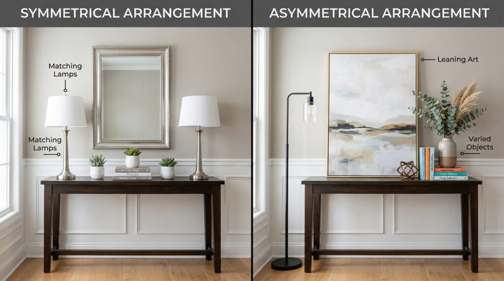 Comparison of symmetrical versus asymmetrical console table styling
