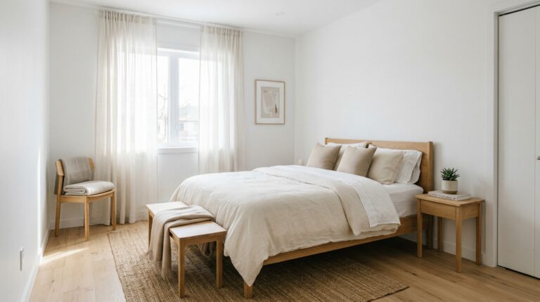 Beautifully styled minimalist bedroom with clean lines and calm atmosphere