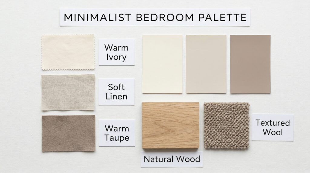 Minimalist bedroom color palette with neutral tones and material samples