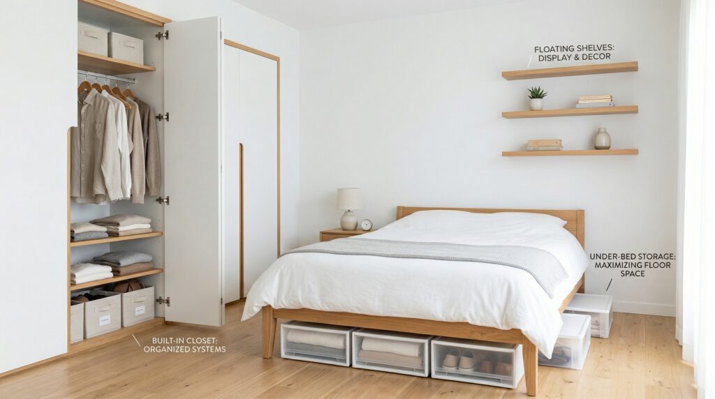 Minimalist bedroom storage solutions with organized closet and hidden storage