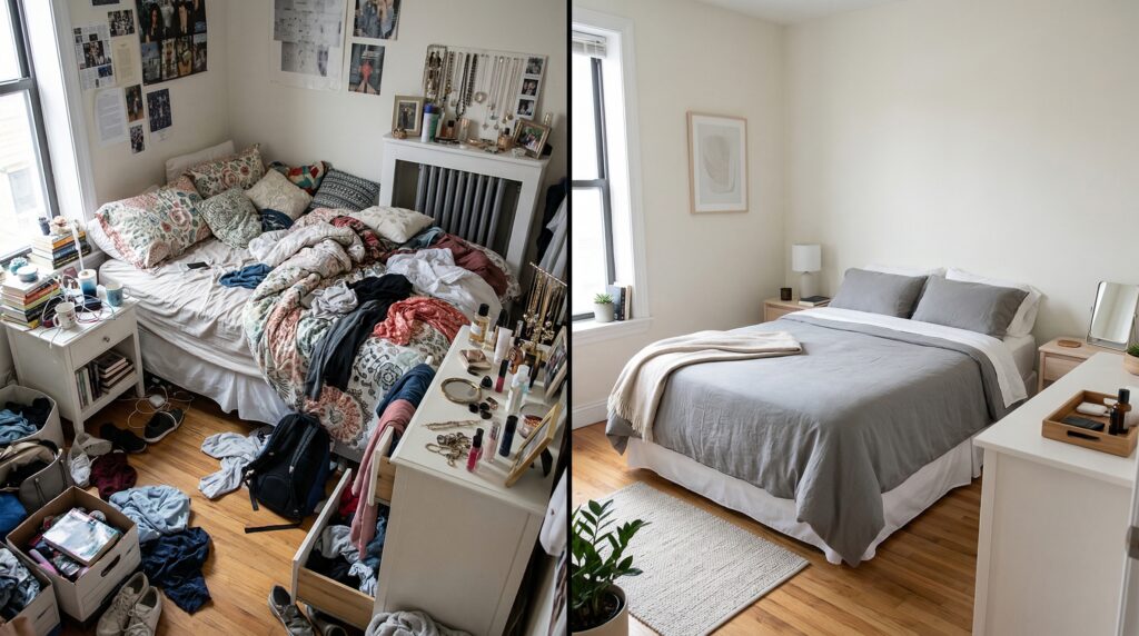 Comparison of cluttered bedroom versus minimalist bedroom transformation