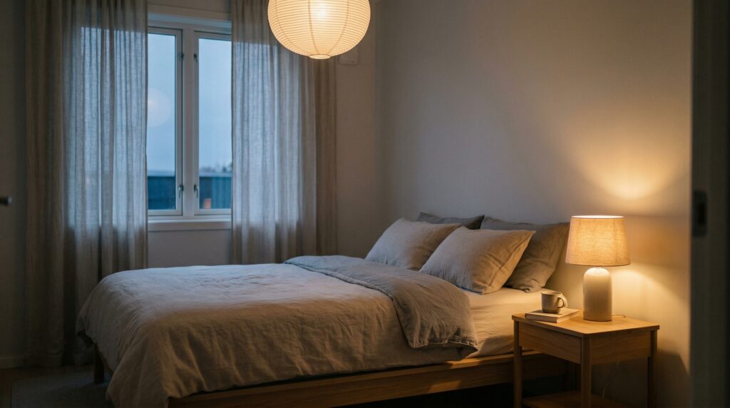 Minimalist bedroom lighting setup with layered ambient lighting