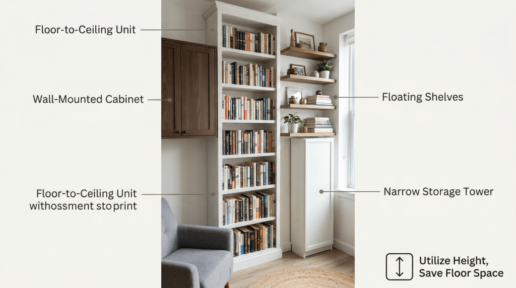 Vertical storage solutions maximizing wall space in small living room