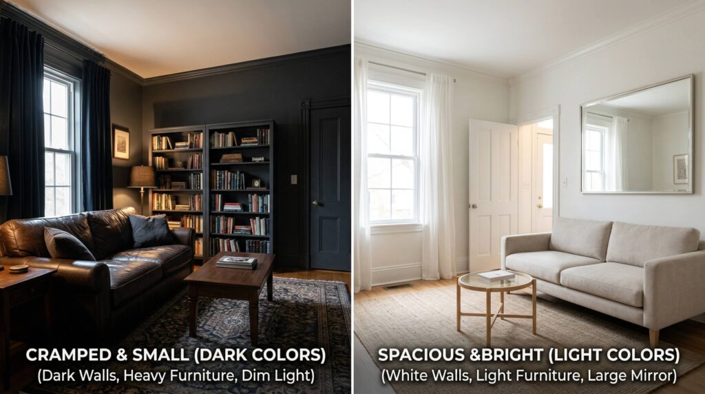 Comparison of dark versus light colors in small living room design