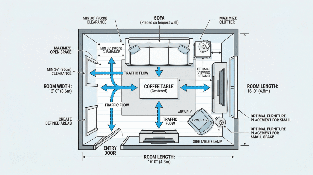 Small living room layout diagram showing optimal furniture placement
