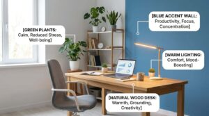 Complete home office setup with color psychology principles showing blue accent wall and organized workspace