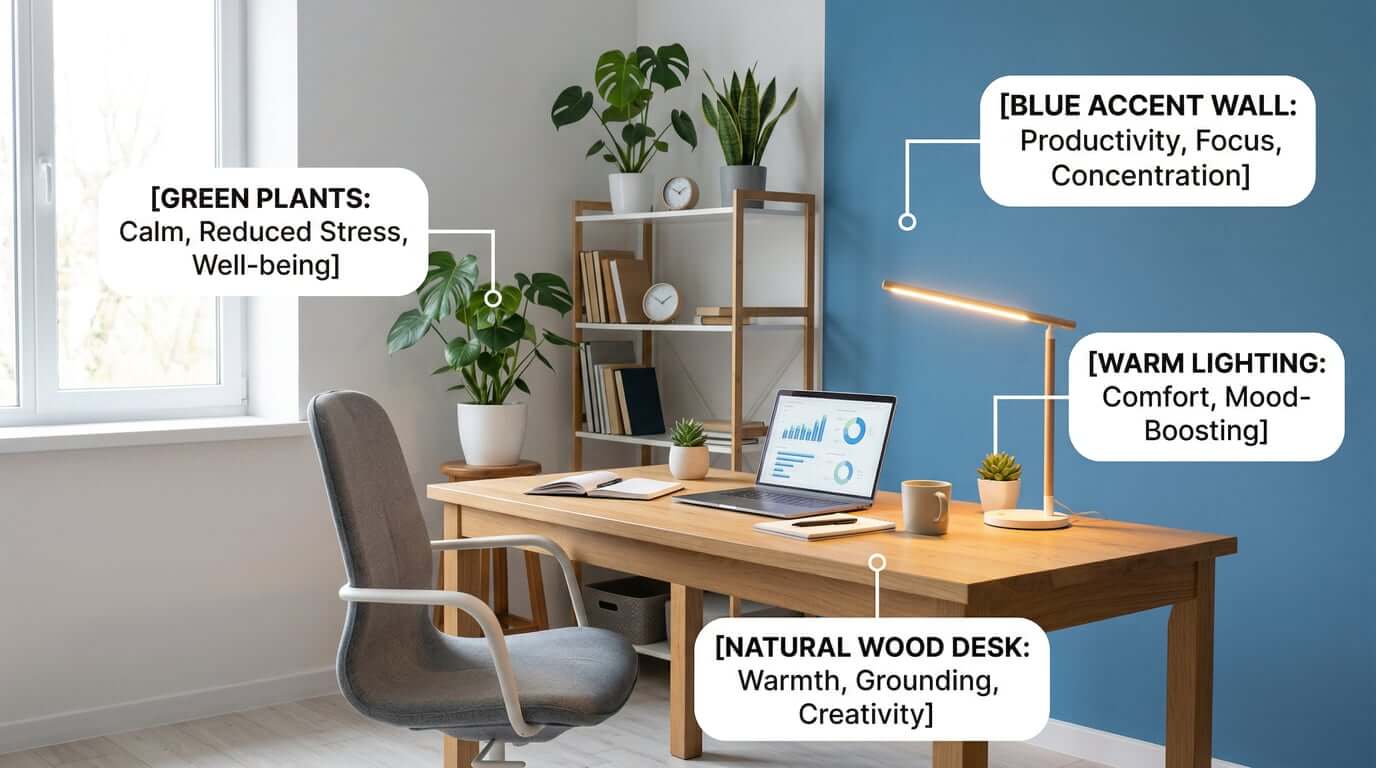 Complete home office setup with color psychology principles showing blue accent wall and organized workspace