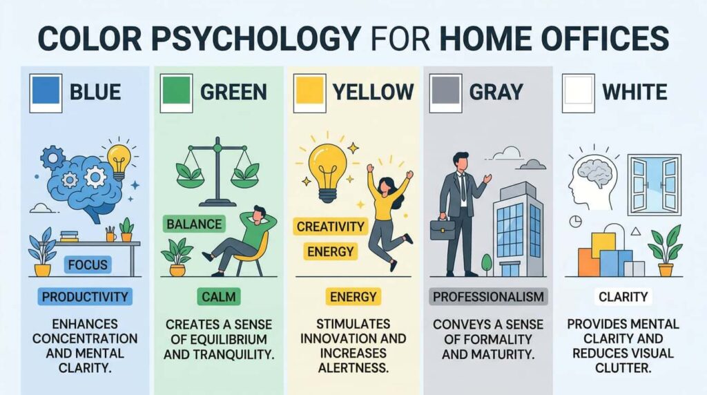 Color psychology chart showing effects of blue, green, yellow, and gray in home offices