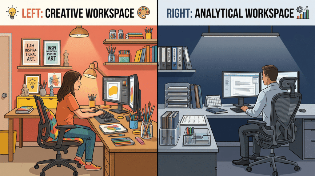 Comparison of creative workspace with warm colors versus analytical workspace with cool colors