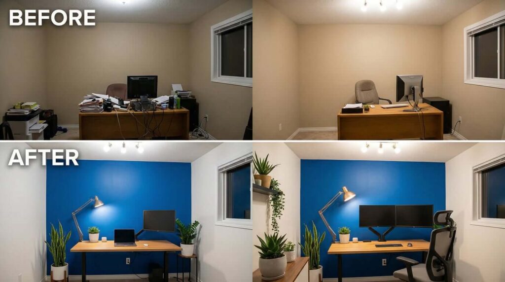 Before and after transformation showing impact of color on home office atmosphere