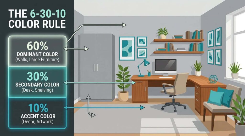 60-30-10 color rule diagram for home office design with labeled percentages