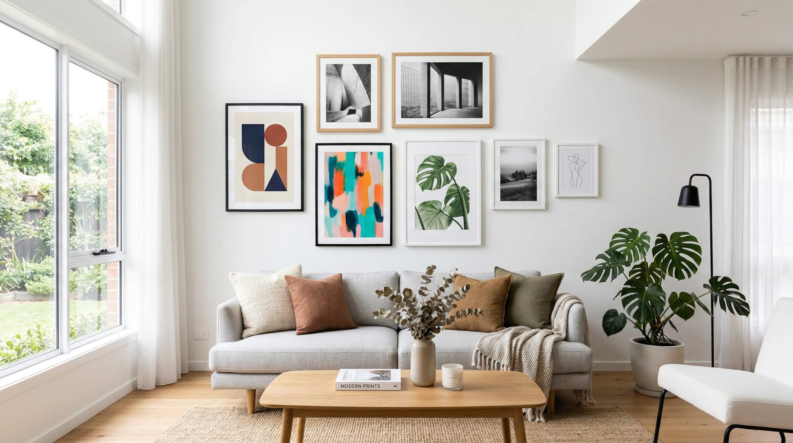 Modern minimalist living room with gallery wall showcasing various art print styles including abstract, botanical, and photography