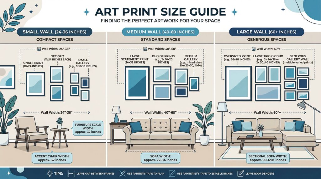 Educational infographic showing art print size guide with wall measurements and furniture scale reference