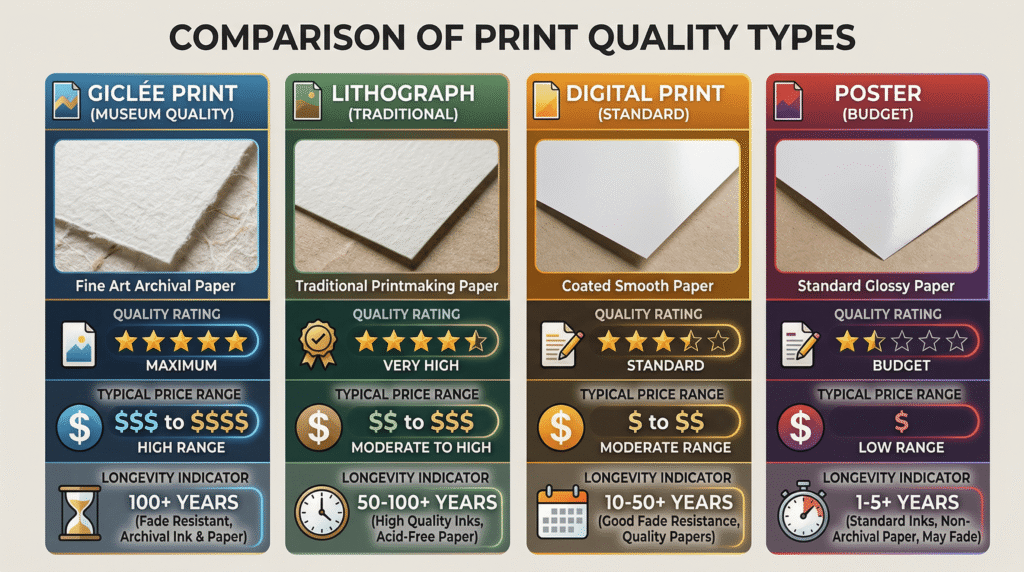 Comparison chart showing different print quality types: Giclée, lithograph, digital print, and poster