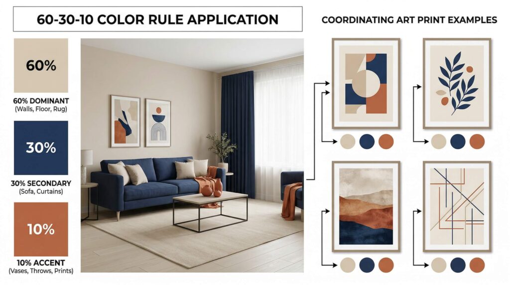 Color coordination guide showing 60-30-10 rule applied to room with coordinating art print examples