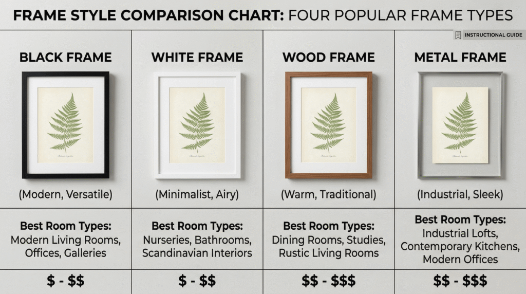 Frame style comparison chart showing black, white, wood, and metal frames with same botanical print"