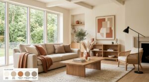 Modern living room with warm neutral color scheme featuring beige sofa, cream walls, and terracotta accents