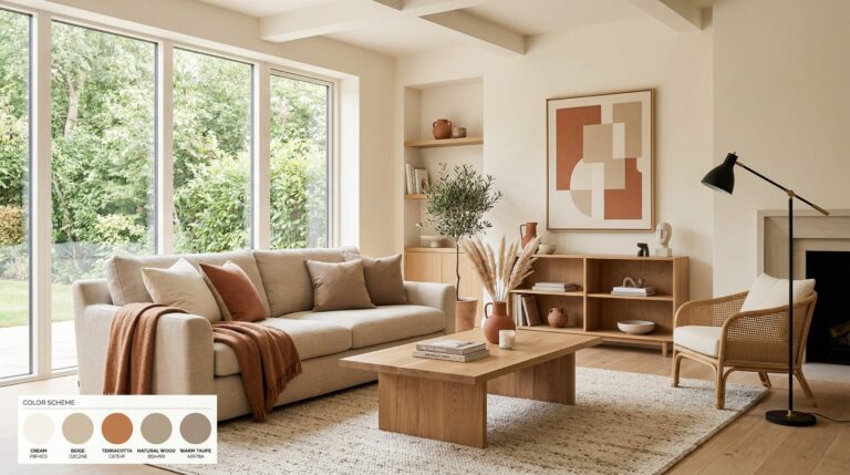 Modern living room with warm neutral color scheme featuring beige sofa, cream walls, and terracotta accents