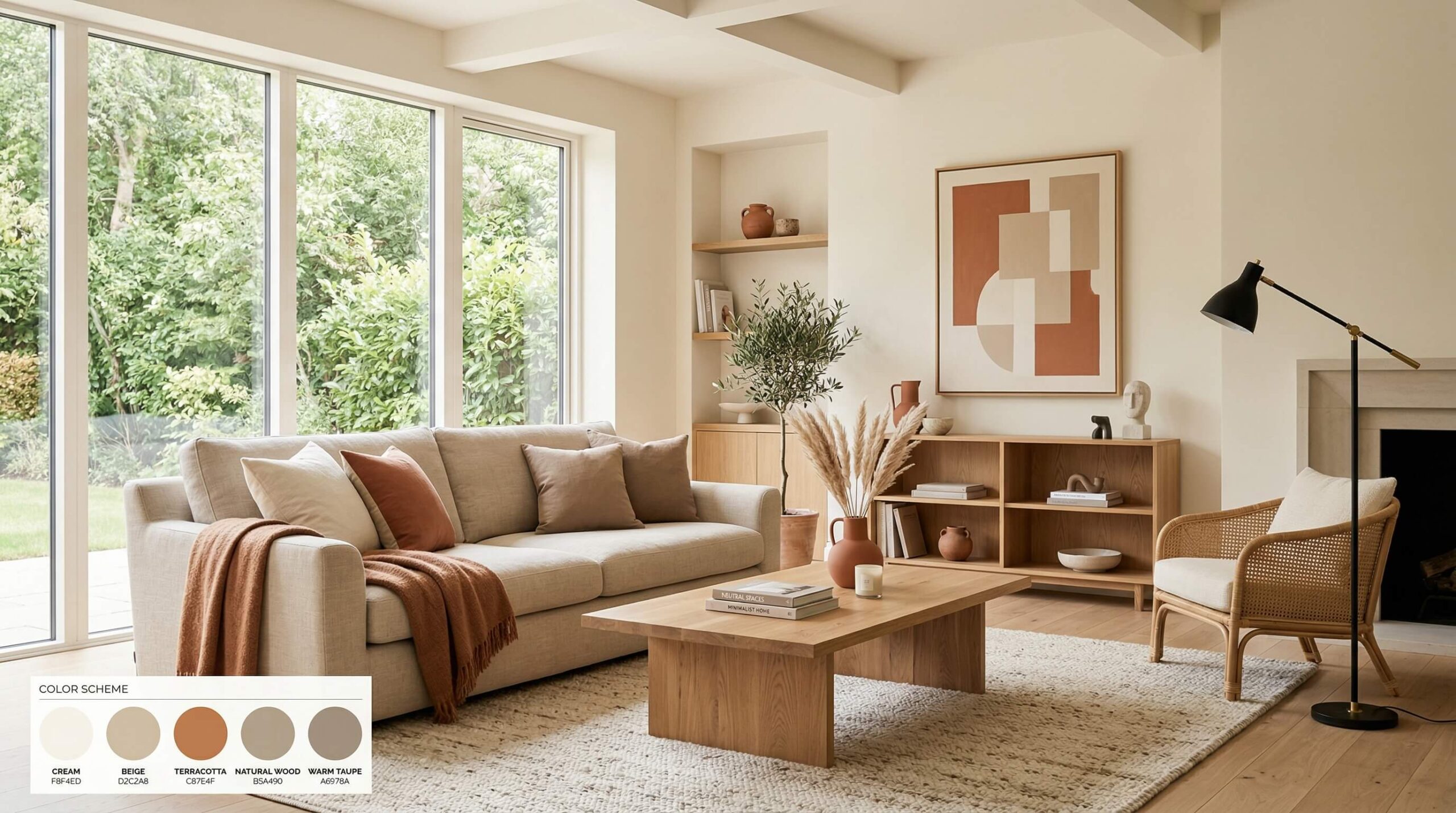 Modern living room with warm neutral color scheme featuring beige sofa, cream walls, and terracotta accents