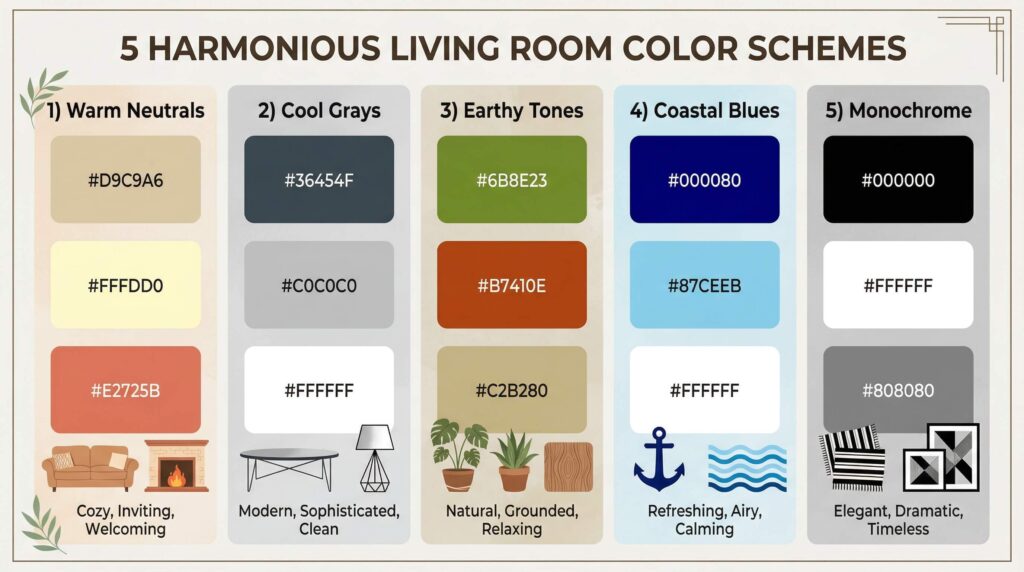 Infographic showing 5 living room color palettes with color swatches and hex codes