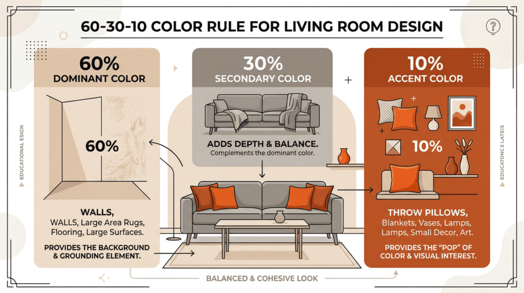 Diagram illustrating the 60-30-10 color rule for living room design