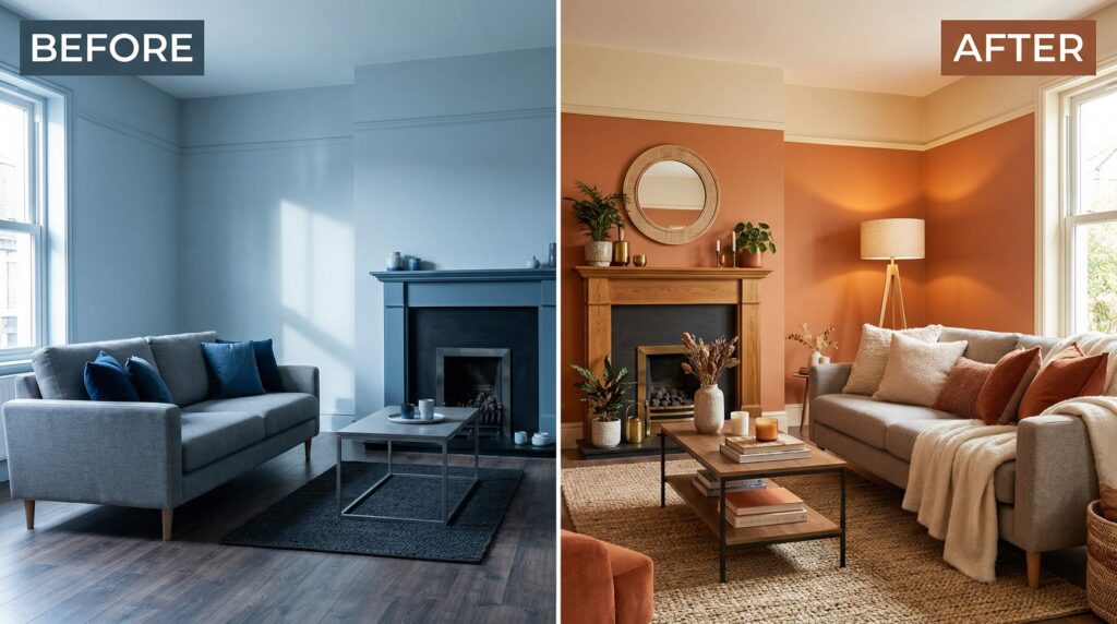 Before and after comparison showing how color affects living room atmosphere