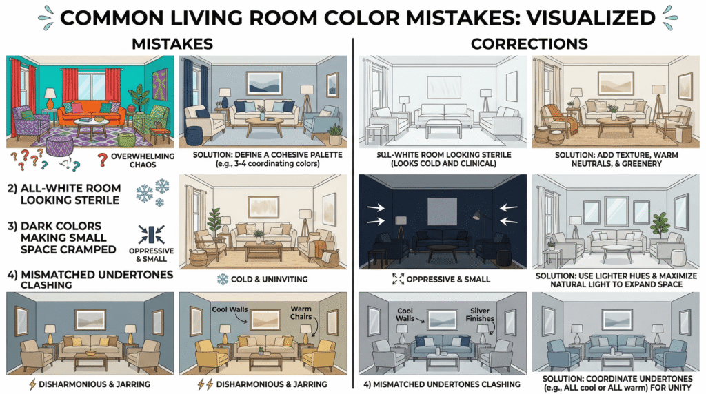 Visual guide showing common living room color mistakes and corrections