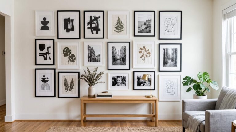 Beautiful gallery wall with mixed frame sizes in balanced grid layout above gray sofa