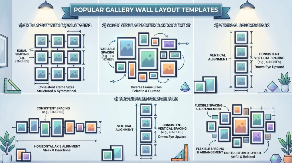 Infographic showing 5 popular gallery wall layout templates with measurements