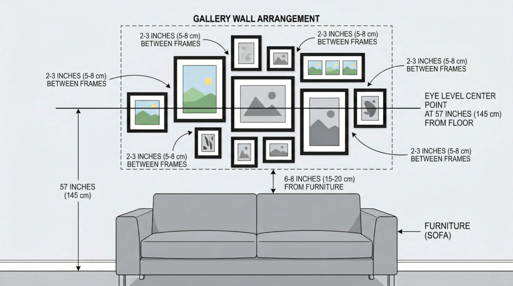 Diagram showing proper spacing rules for gallery wall with measurements