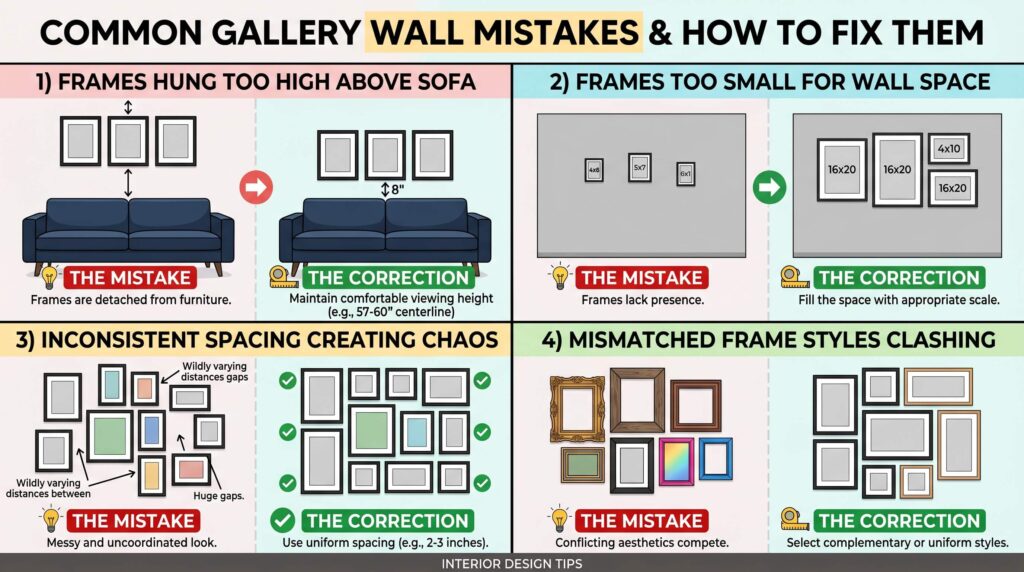 Common gallery wall mistakes and corrections visual guide