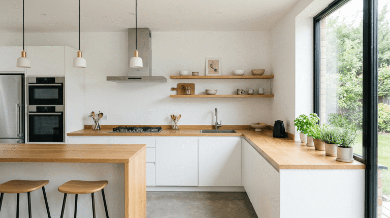 Stunning minimalist kitchen with white cabinets, light wood countertops, and natural light