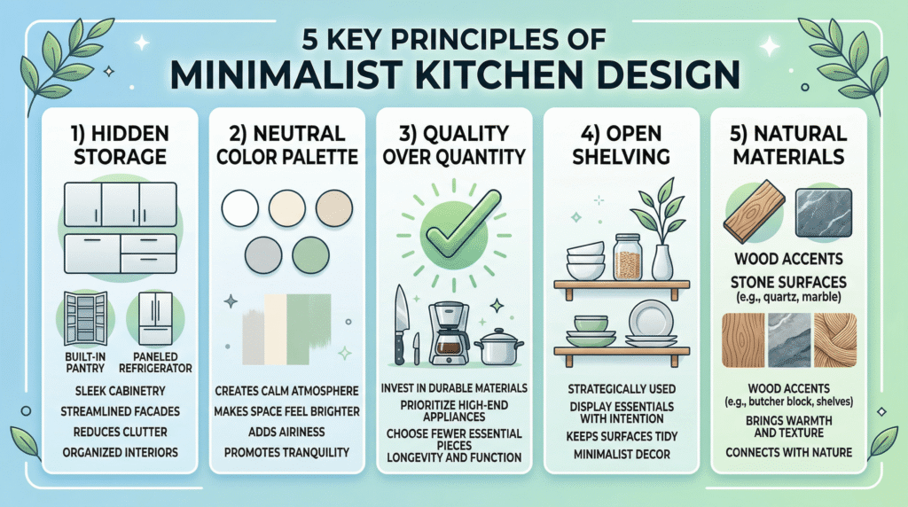 Infographic showing 5 key principles of minimalist kitchen design with icons and labels