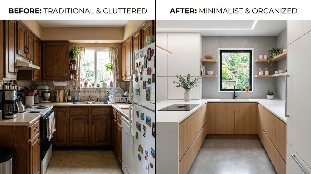 Before and after comparison of kitchen transformation from cluttered to minimalist design