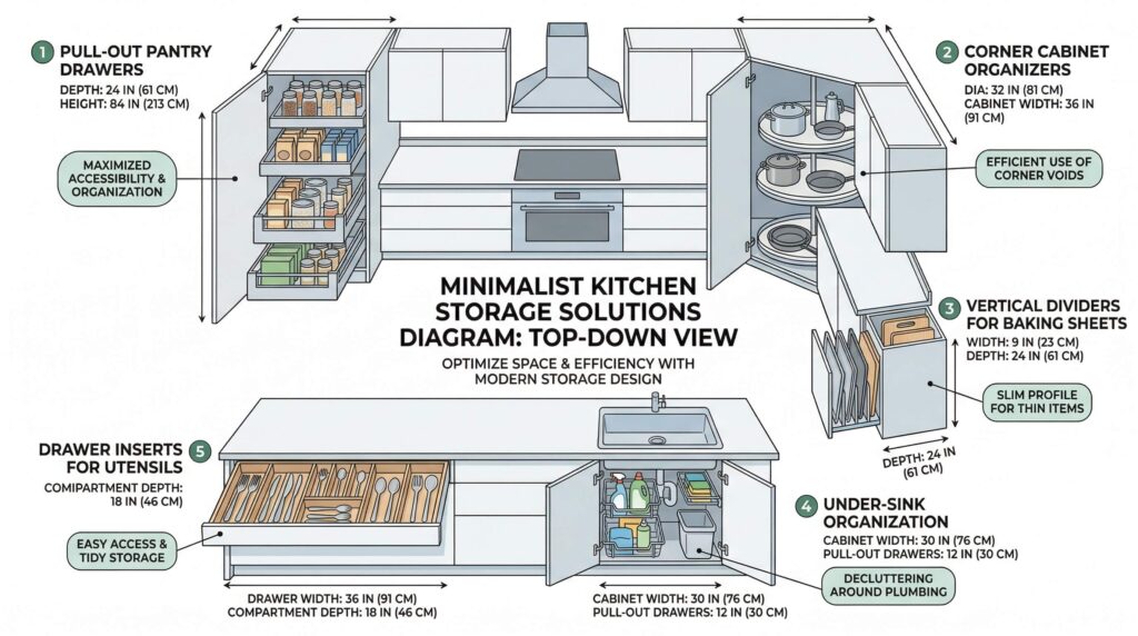 Minimalist kitchen storage solutions diagram showing drawer organizers and cabinet systems