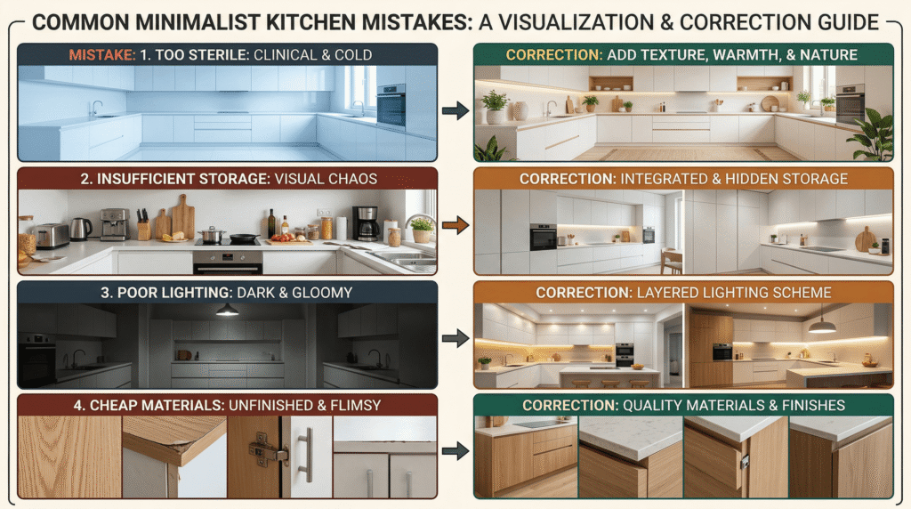 Common minimalist kitchen mistakes and corrections visual guide