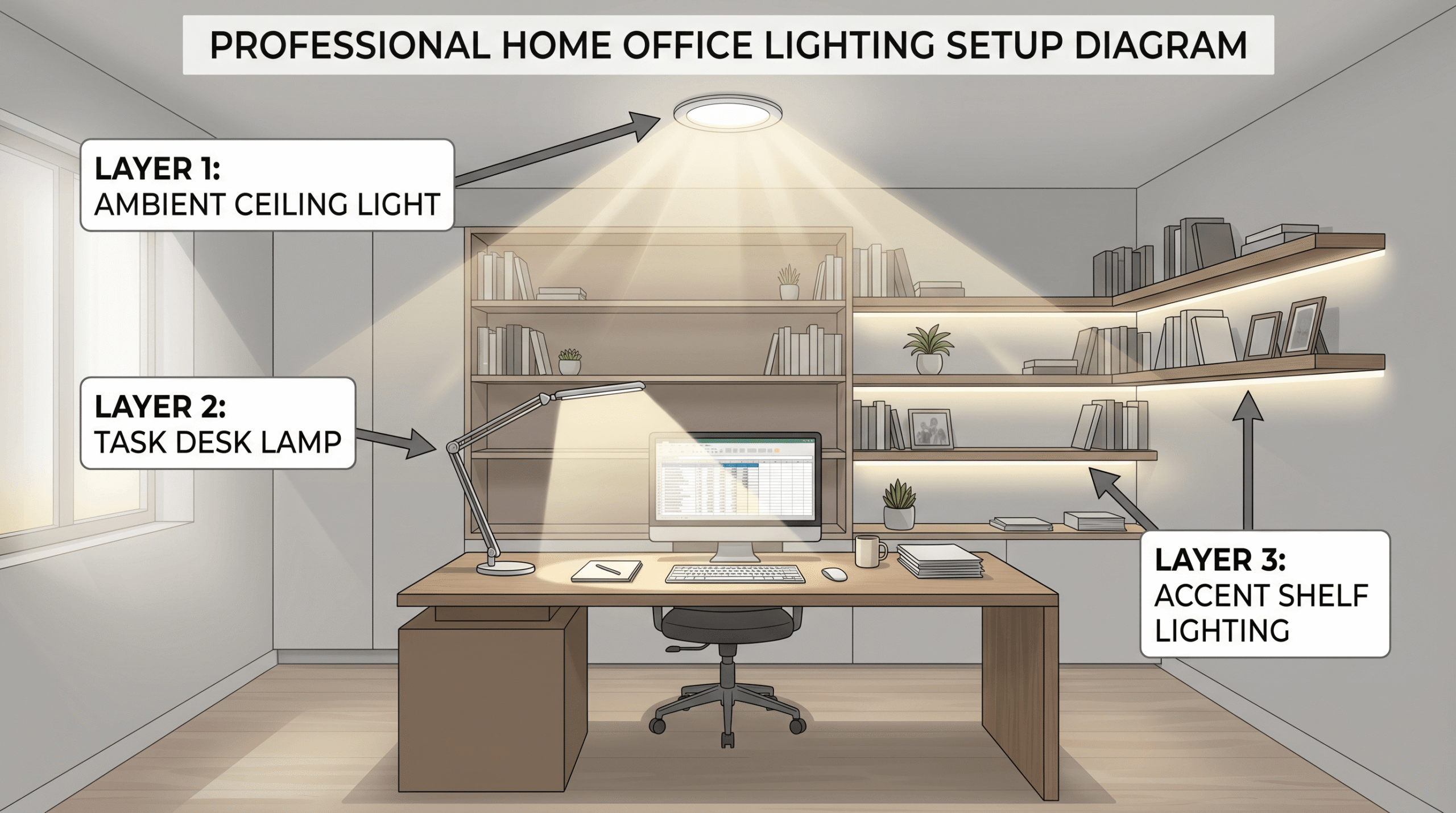 Professional home office lighting setup diagram showing three layers of lighting: ambient ceiling light, task desk lamp, and accent shelf lighting