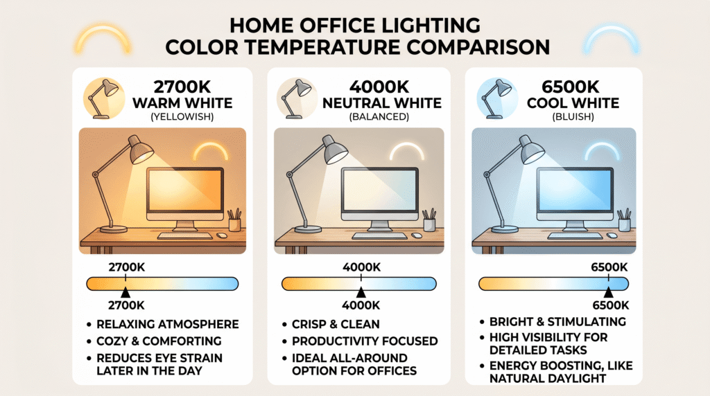 Color temperature comparison chart for home office lighting showing 2700K warm white, 4000K neutral white, and 6500K cool white with desk lamp illustrations