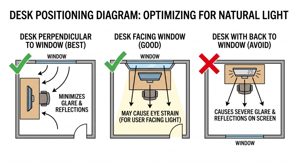 Desk positioning diagram showing three layouts: desk perpendicular to window (best), desk facing window (good), desk with back to window (avoid)