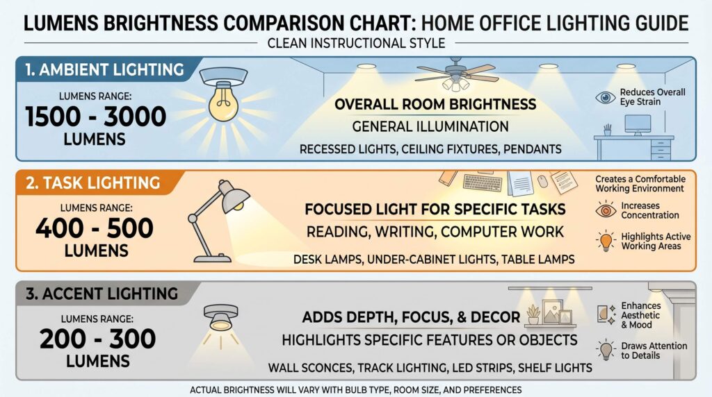 Lumens brightness comparison chart for home office showing ambient lighting (1500-3000 lumens), task lighting (400-500 lumens), and accent lighting (200-300 lumens)