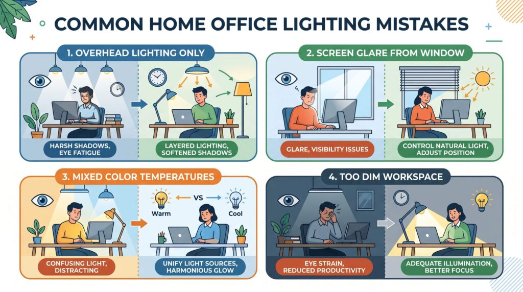 Common home office lighting mistakes infographic showing overhead lighting only, screen glare from window, mixed color temperatures, and too dim workspace
