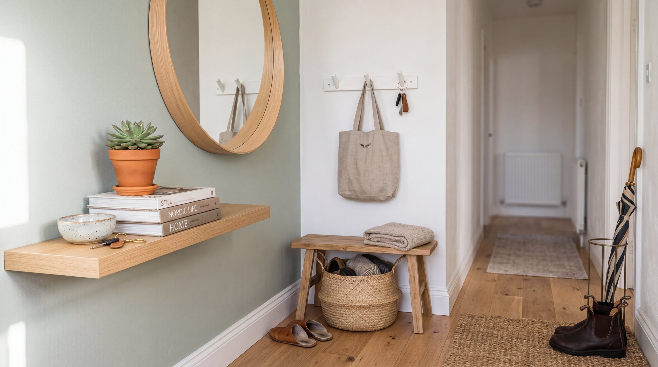 Minimalist Scandinavian entryway with sage green wall, light wood floating shelf, and natural jute doormat