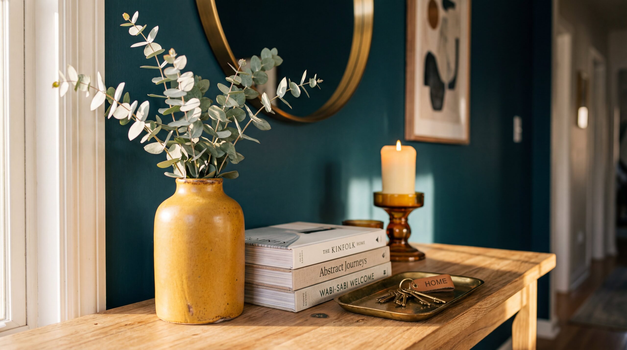 Close-up of entryway console styling with mustard yellow vase, eucalyptus branches, and brass accessories on deep teal wall