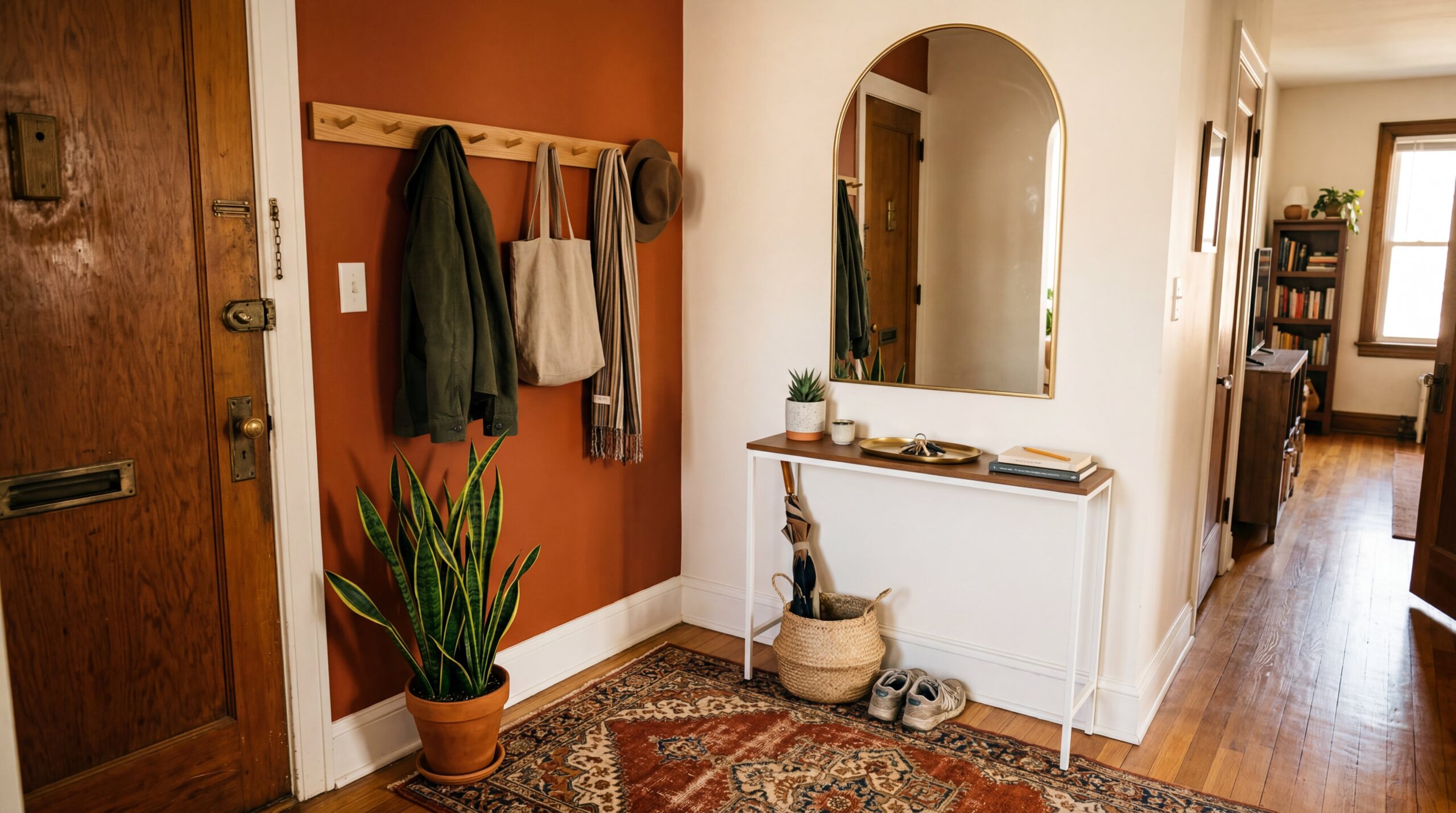 Small apartment entryway with rust orange accent wall, slim console table, and vintage Persian runner rug