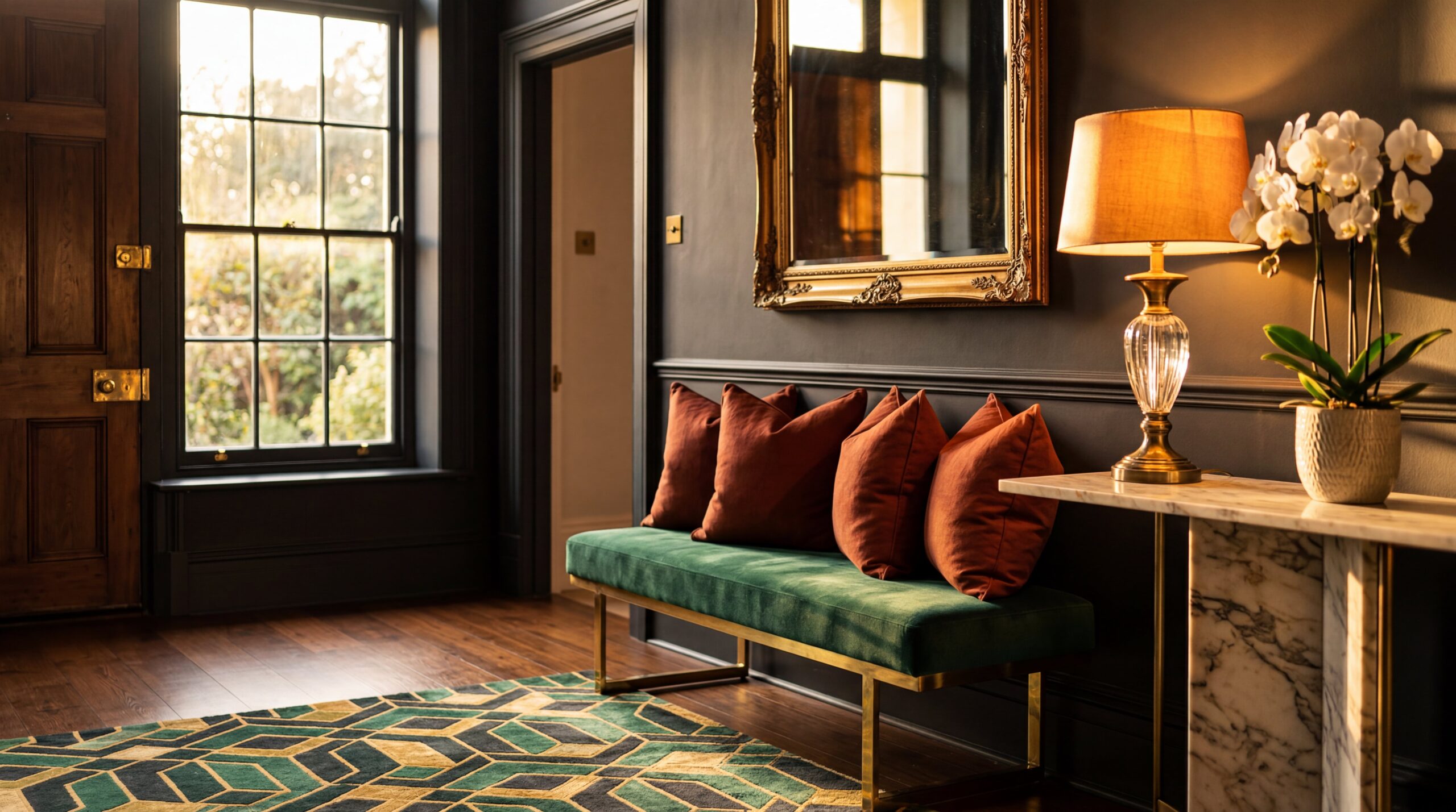 Luxurious entryway with emerald green velvet bench, dark charcoal walls, ornate gold mirror, and marble console table